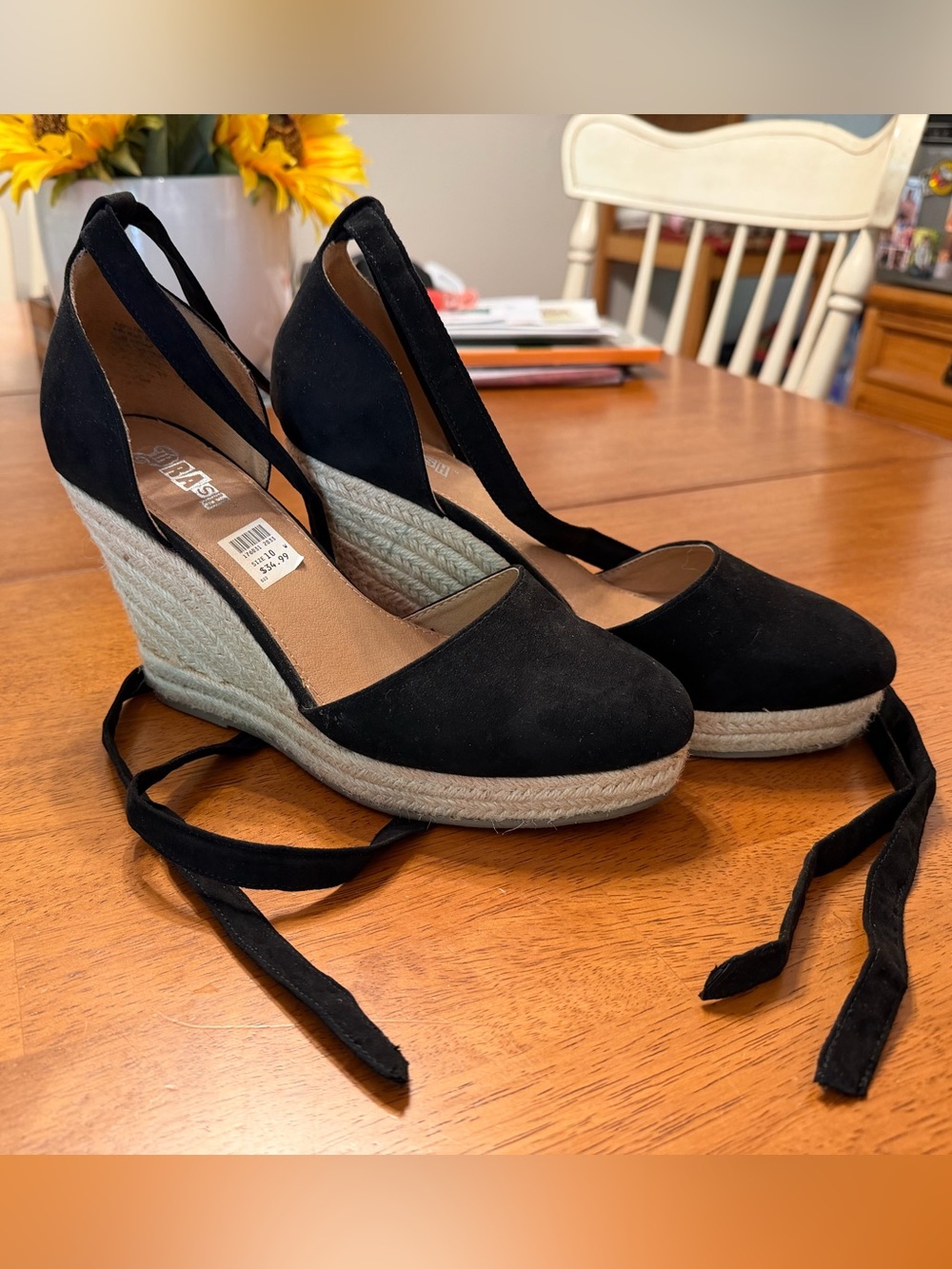 Brash Black Espadrille Wedge Heels with Ankle Wraps